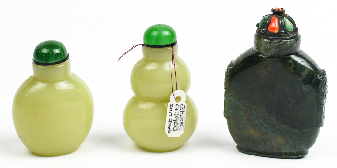 (lot of 3) Chinese snuff bottles: two celadon glass bottles, one of double gourd form; together with