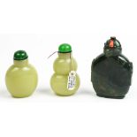 (lot of 3) Chinese snuff bottles: two celadon glass bottles, one of double gourd form; together with