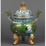 Chinese cloisonne lidded tripod censer, decorated with crane and pine motif, the compressed body