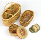 (lot of 4) Pacific Northwest basketry group, consisting of a covered basket 2"h x 3.5"w, (2) handled