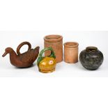 (lot of 5) Vietnamese ceramic vessels: two terracotta cylindrical jars; brown glazed ewer; yellow