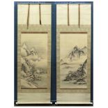 (lot of 2) Japanese hanging scrolls, ink and color on silk, depicting landscapes in summer and in
