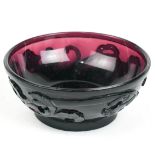 Chinese Peking glass circular box, carved with meandering chilong to the exterior (lacking lid), 4"