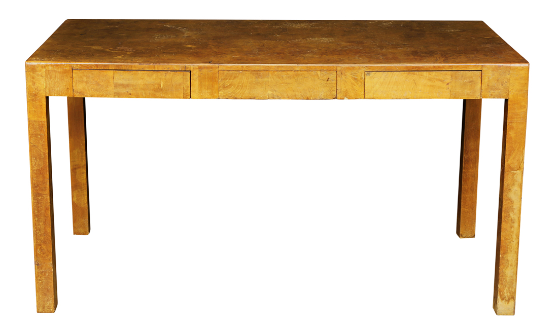 Mid Century olive wood work station, having a rectangular top above the three drawers, 29"h x 54"w x