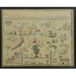 Needlework sampler, having a foliate decorated border surrounding the central panel decorated with a