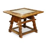 Dutch inlaid center table, 18th century, having a newer inset marble top, with inlaid banding, above