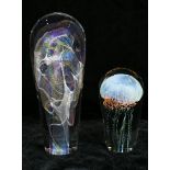 (lot of 2) Rick Satava art glass jellyfish paperweight sculptures, the smaller with an opaque