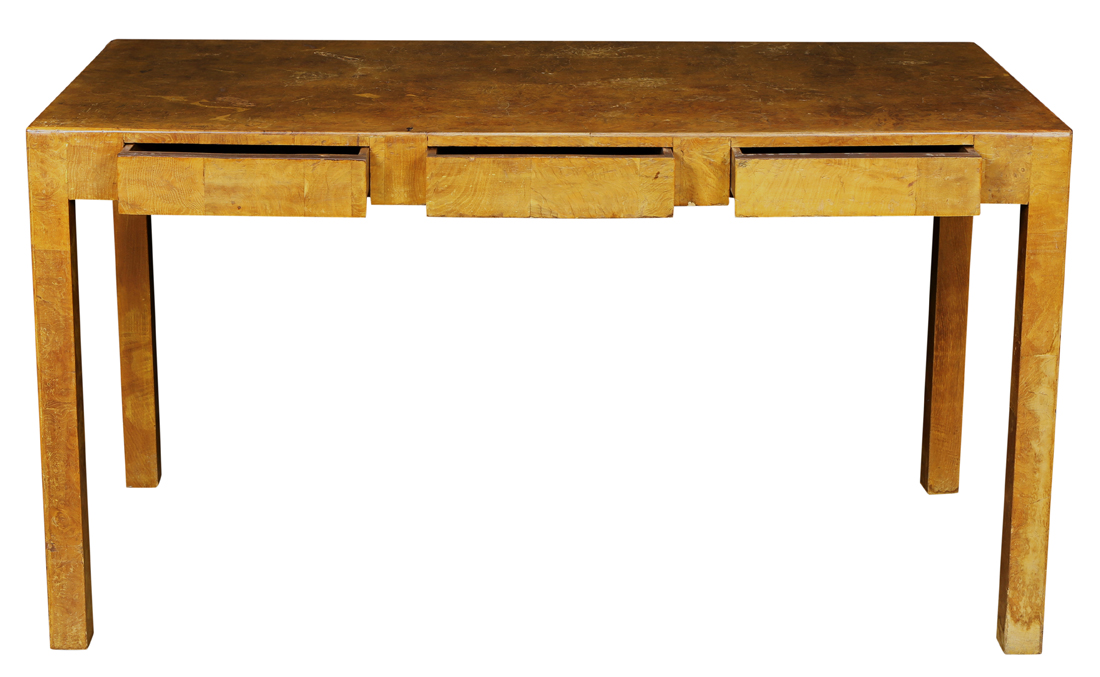 Mid Century olive wood work station, having a rectangular top above the three drawers, 29"h x 54"w x - Image 2 of 5