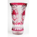 Bohemian style pressed glass vase, having cranberry decoration on a clear ground, signed