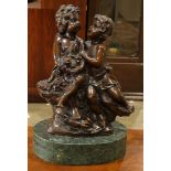 After Louis Moreau (French, 1855-1919), Two Children with Roses, bronze sculpture, bears signature