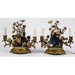 (lot of 2) Continental porcelain two light boudoir lamps, each centered with a young couple
