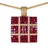 Ruby, diamond and 14k yellow gold pendant-necklace Featuring (81) calibre-cut rubies, weighing a