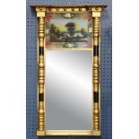 Federal giltwood eglomise decorated looking glass, the rectangular looking glass below a reverse