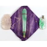 (Lot of 3) Carved jade and rose quartz decorative items Including 1) carved jade pendant,