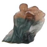 Daum pate de verre figural group, modeled as a stylized male and female in an embrace, limited