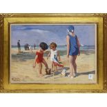 Anne Rutten (Belgian, 1898-1981), Untitled (Figures on the Beach), tempera on board, signed lower