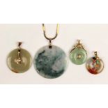 (Lot of 4) Jade, 14k yellow gold pendants and necklaces Including 1) jadeite disc and 14k yellow