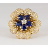 Sapphire, diamond and 18k yellow gold flower ring Designed as a flower, centering (5) oval-cut