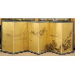 Japanese six-panel byobu screen, Edo period, ink on gold foiled paper, depicting a landscape with