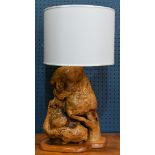 Modern burl wood lamp with a cylindrical linen wrap shade, 27.5"h