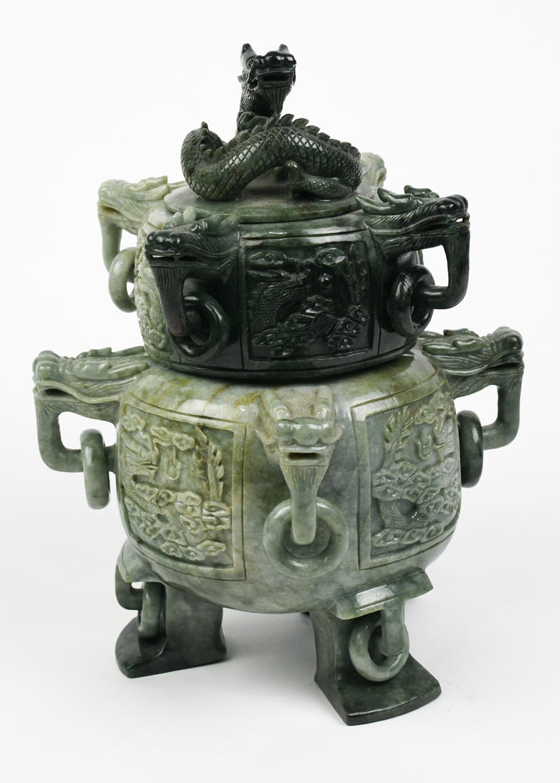 Chinese hardstone two-tiered lidded censer, carved with dragon reserves and dragon head handles - Image 2 of 10