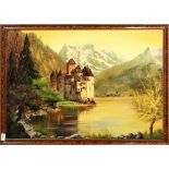 Mountain Lake Scene with Castle, oil on canvas, signed (Garbeth?) indistinctly lower left, 20th