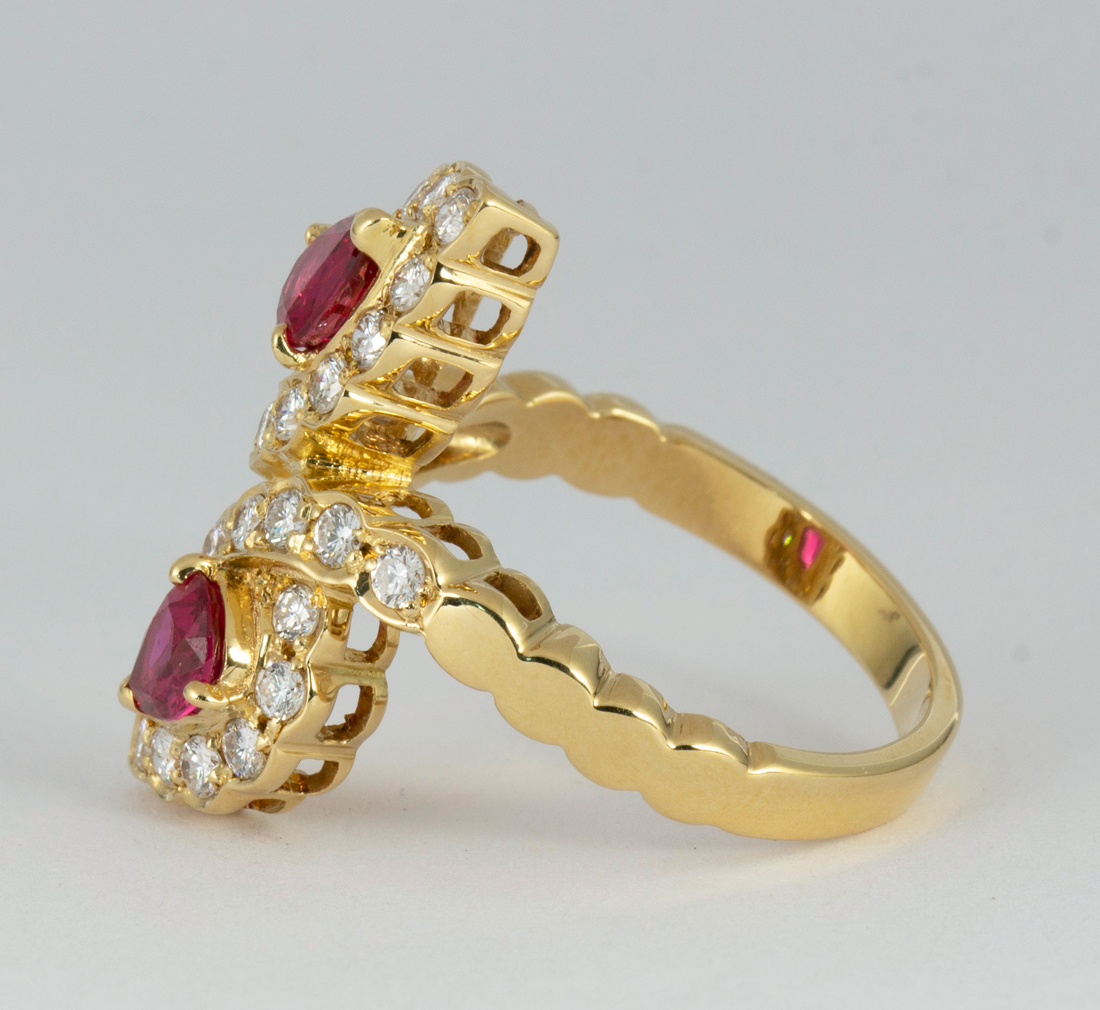 Ruby, diamond and 18k yellow gold ring Featuring (2) pear-cut rubies, weighing a total of - Image 2 of 5