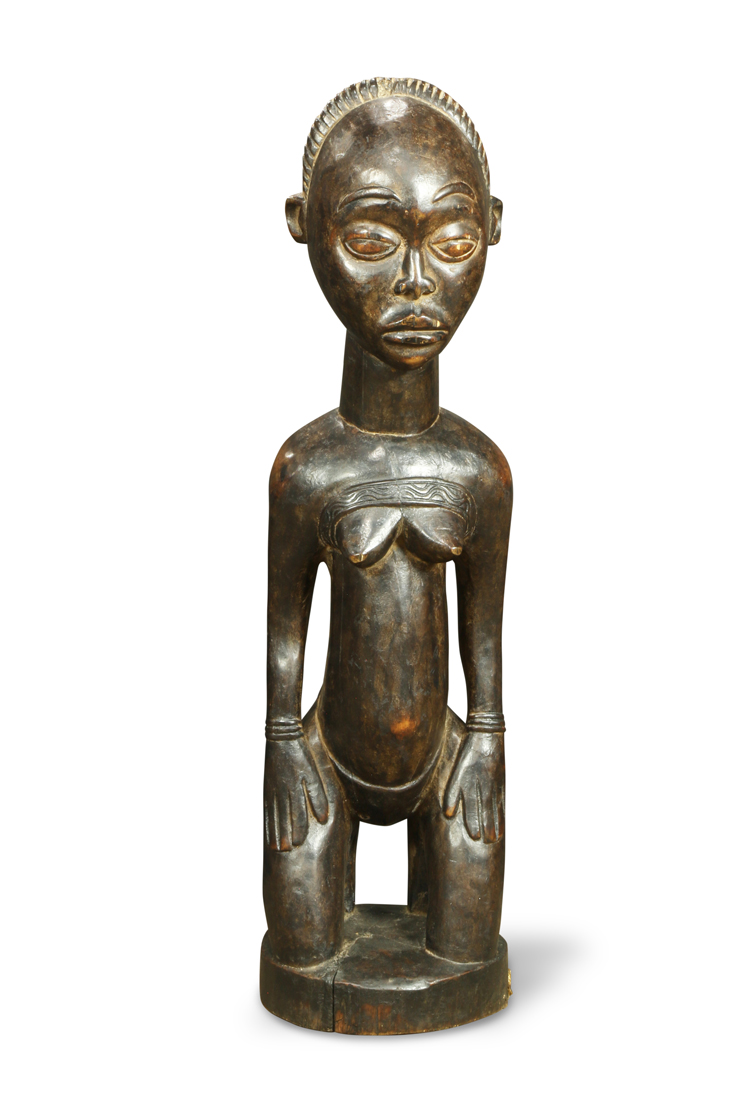 (lot of 3) Ethnographic carved figural groups, consisting of a West African style kneeling figure