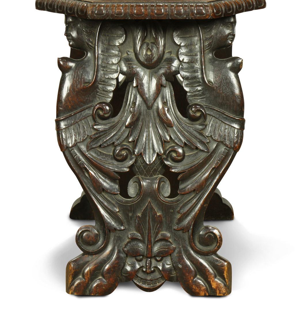 Baroque style carved oak side chair, the seat back decorated with stylized figures, above the - Image 5 of 5