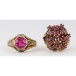 (Lot of 2) Synthetic ruby, sapphire and yellow gold rings Including 1) synthetic ruby, 18k yellow