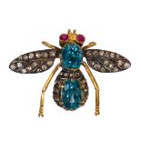 Blue zircon, ruby, diamond and silver-gilt bee brooch Designed as bee, featuring (2) oval-cut blue