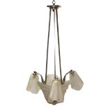 French Art Deco chandelier with center bowl, continuing to three arms with frosted glass shades, the