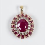 Ruby, diamond and 14k yellow gold pendant Centering (1) oval fracture-filled ruby, surrounded by (