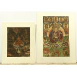 (lot of 2) Himalayan thangkas, ink and color on textiles: first, of a Buddha, accented by