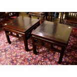 Chinese wood square low tables, each with a floating top panel, with a railed apron raised with