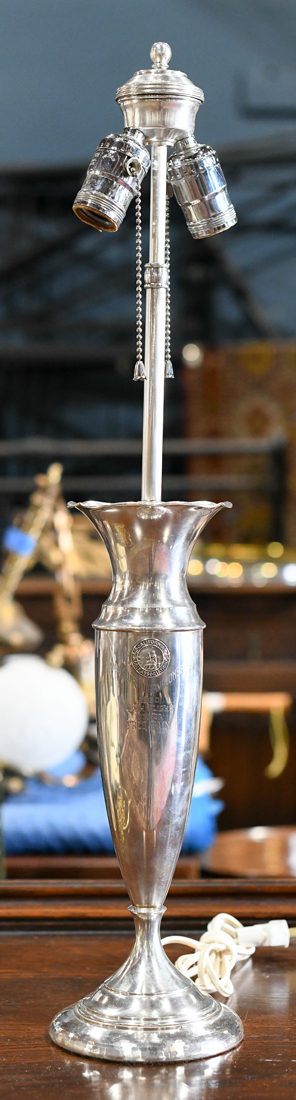Mid Century trophy form lamp, having an urn form with California Golf Association medallion, 25"h