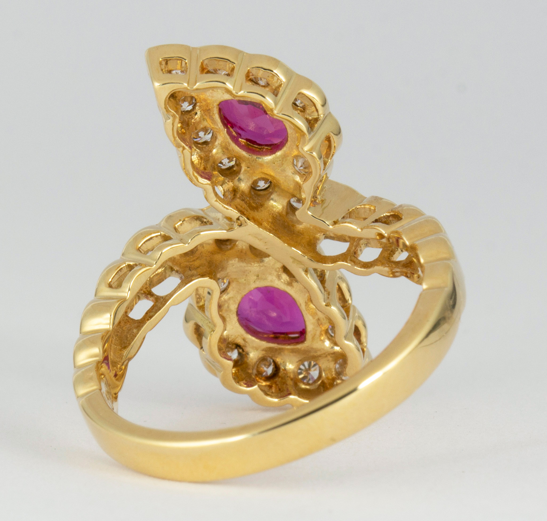 Ruby, diamond and 18k yellow gold ring Featuring (2) pear-cut rubies, weighing a total of - Image 3 of 5