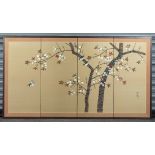 Japanese four-panel screen, ink and color on silk, depicting cherry blossoms and birds, lower