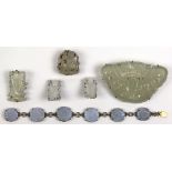 (Lot of 5) Jade, serpentine, blue lace agate, silver and metal jewelry Including 1) carved and