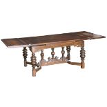 (Lot of 8) Continental oak dining suite, consisting of a draw leaf table rising on cup and urn