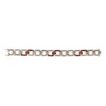 Ruby, diamond and 14k yellow gold bracelet Designed as a square, buckle link, featuring (60)