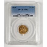 United States 1914 $2.50 Pratt-Bigelow gold coin, with a PCGS grade of MS62