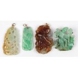 (Lot of 4) Carved jade, agate, gold and gold-filled brooch and pendants Including 1) pendant,