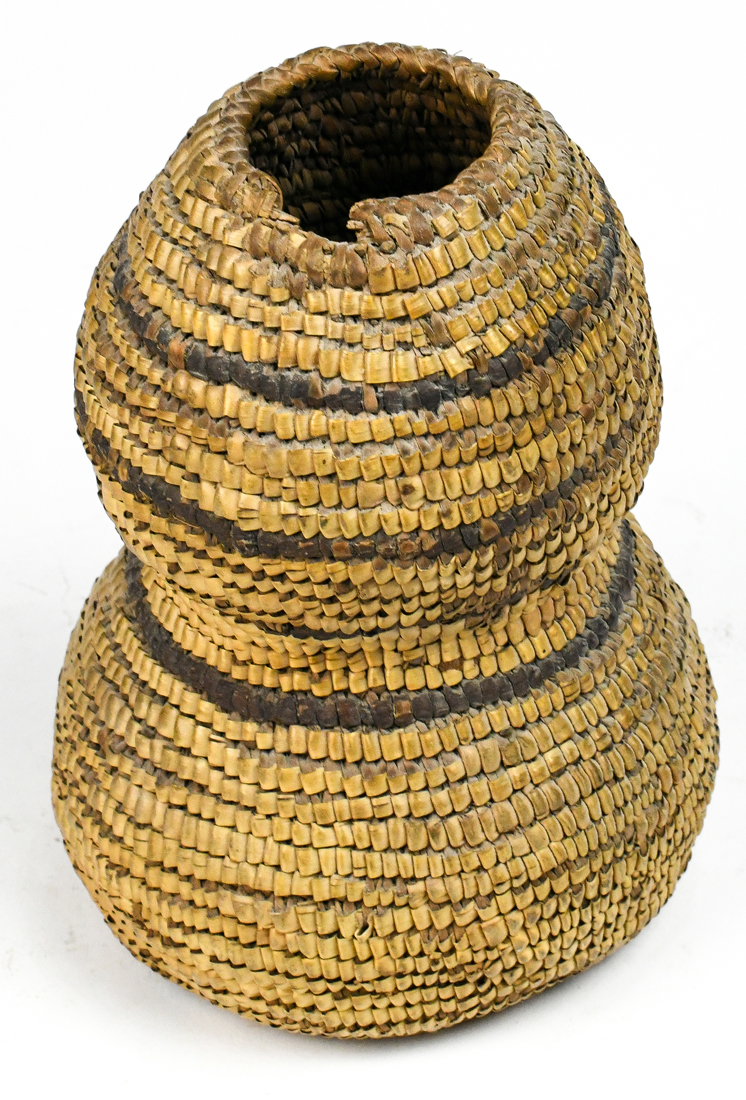 Apache pitch basket, early 20th century, having a squash form used to carry water, 7"h - Image 2 of 4