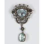 Aquamarine, marcasite and silver pendant-brooch Centering (1) triangular-cut aquamarine and