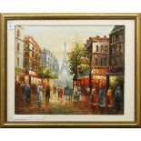 Parisian Scene with Eiffel Tower and Figures, oil on board, unsigned, 20th century, overall (wth