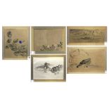 (lot of 5) Japanese ink and colors on silk, matted fragments from 18th-19th century byobu screen,
