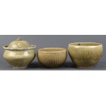(lot of 3) Vietnamese celadon glazed ceramics, Tran dynasty (13th/14th c): one lidded jar with the