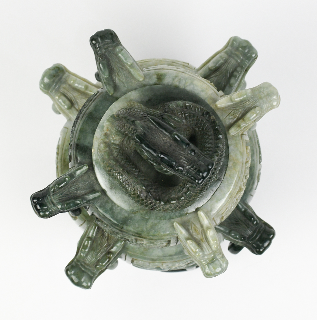 Chinese hardstone two-tiered lidded censer, carved with dragon reserves and dragon head handles - Image 6 of 10