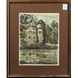 (lot of 2) European Castle by a River & Village Hillside with Figures and Distant Castle, etchings